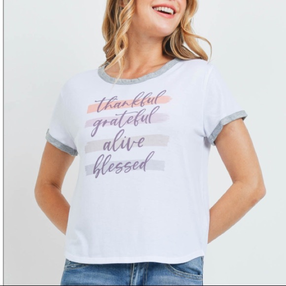 WHITE "THANKFUL GRATEFUL Alive Blessed” graphic print ringer tee, New!🙏🏾 - Picture 3 of 14